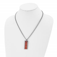 Chisel Stainless Steel Polished Red Koa Wood Inlay Enameled Pendant on a Curb Chain Necklace, 20" view 4
