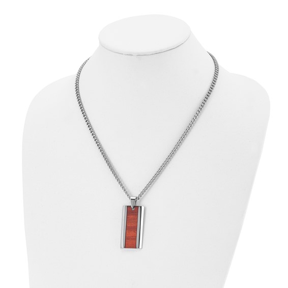 Chisel Stainless Steel Polished Red Koa Wood Inlay Enameled Pendant on a 20 inch Curb Chain Necklace
