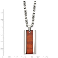 Chisel Stainless Steel Polished Red Koa Wood Inlay Enameled Pendant on a Curb Chain Necklace, 20" view 3