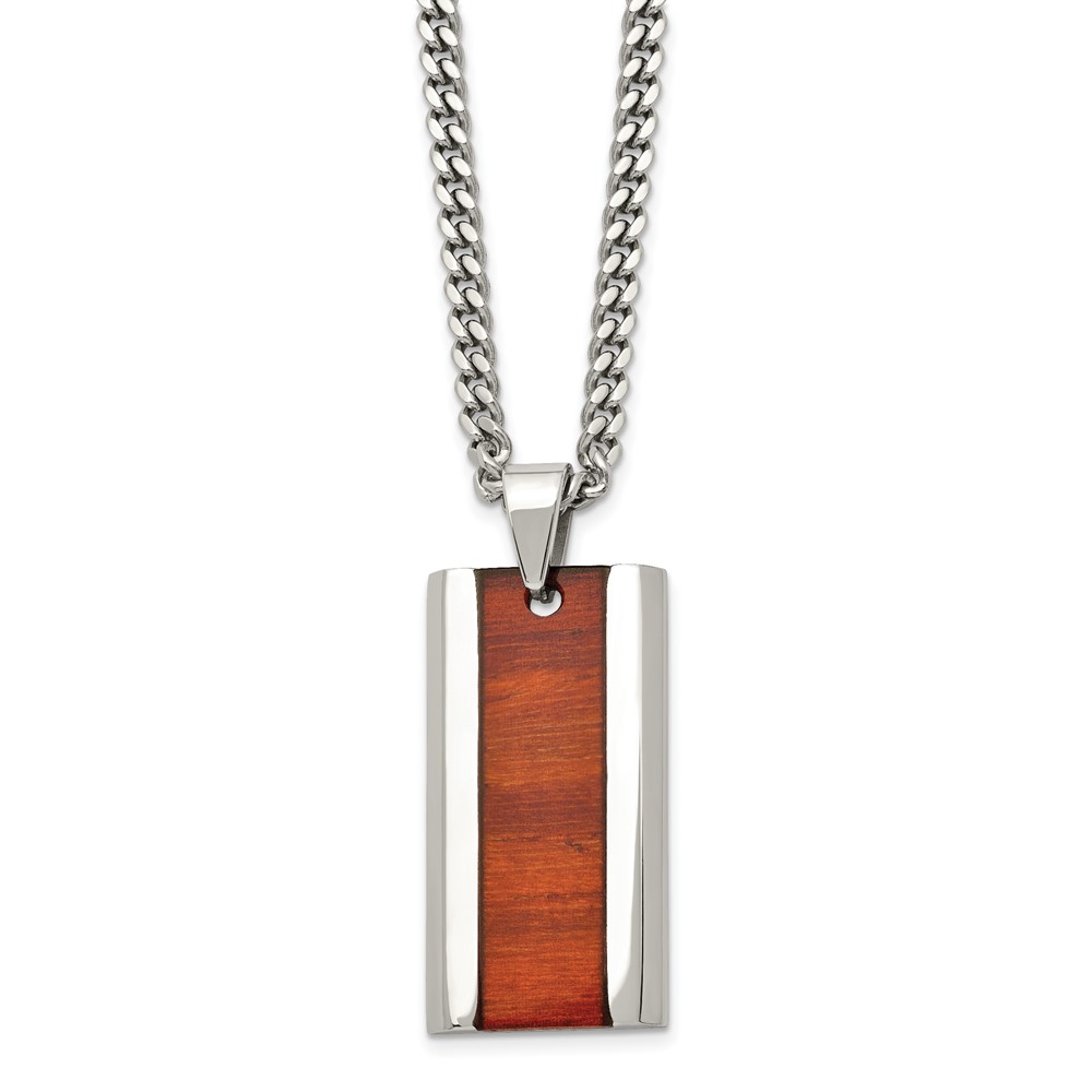 Stainless Steel Polished Red Koa Wood Inlay Enameled 20in Necklace