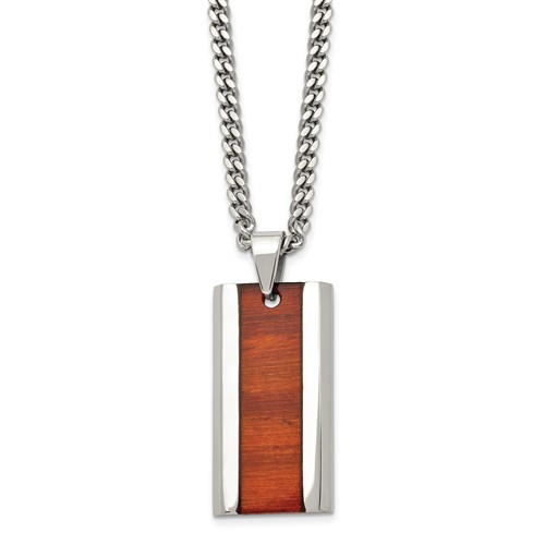 Chisel Stainless Steel Polished Red Koa Wood Inlay Enameled Pendant on a Curb Chain Necklace, 20"