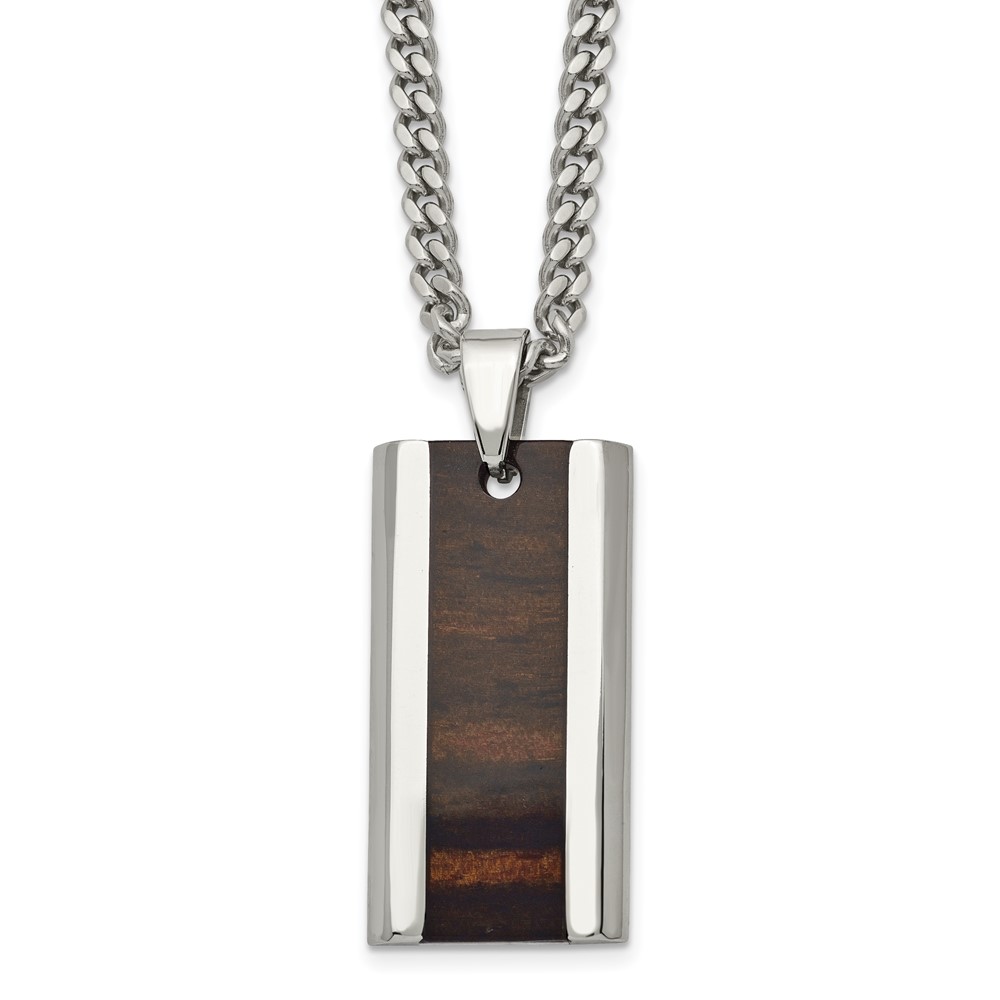 Stainless Steel Polished Black Koa Wood Inlay Enameled 20in Necklace