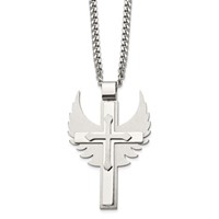 Chisel Stainless Steel Brushed and Polished Cross Necklace with Wings Pendnat on a Curb Chain, 20" view 3