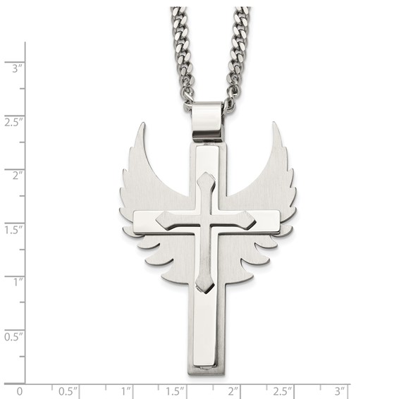 Chisel Stainless Steel Brushed and Polished Cross with Wings Pendnat on a 20 inch Curb Chain Necklace