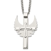 Chisel Stainless Steel Brushed and Polished Cross Necklace with Wings Pendnat on a Curb Chain, 20" view 1
