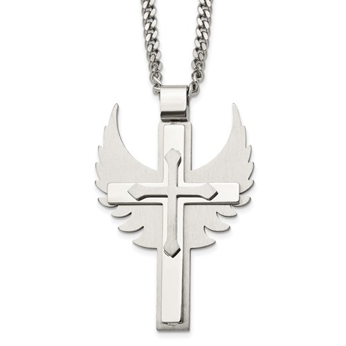 Chisel Stainless Steel Brushed and Polished Cross Necklace with Wings Pendnat on a Curb Chain, 20"