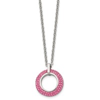 Stainless Steel Polished Necklace with Pink Crystal Circle, 18" view 3