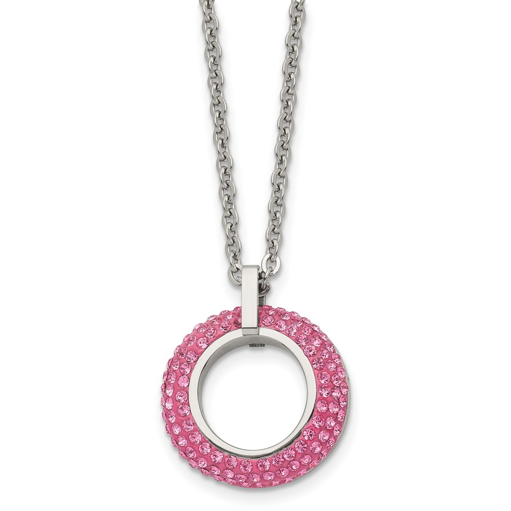 Stainless Steel Polished with Pink Crystal Circle 18in Necklace
