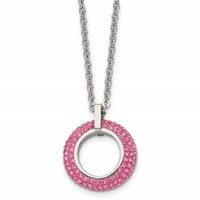 Stainless Steel Polished Necklace with Pink Crystal Circle, 18" view 1