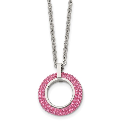 Stainless Steel Polished Necklace with Pink Crystal Circle, 18"