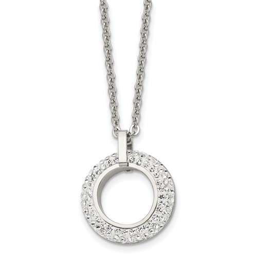 Chisel Stainless Steel Polished White Enameled with Crystals Open Circle Pendant on an 18 Inch Cable Chain Necklace
