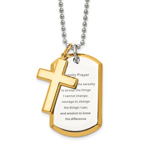 Chisel Stainless Steel Polished Yellow IP-plated 2 Piece Cross and Serenity Prayer Dog Tag on a Ball Chain Necklace, 24"