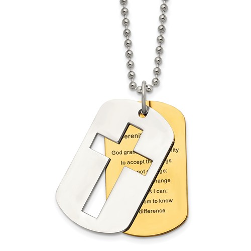 Chisel Stainless Steel Polished Yellow IP-plated 2 Piece Cross Serenity Prayer Dog Tag on a Ball Chain Necklace, 22"