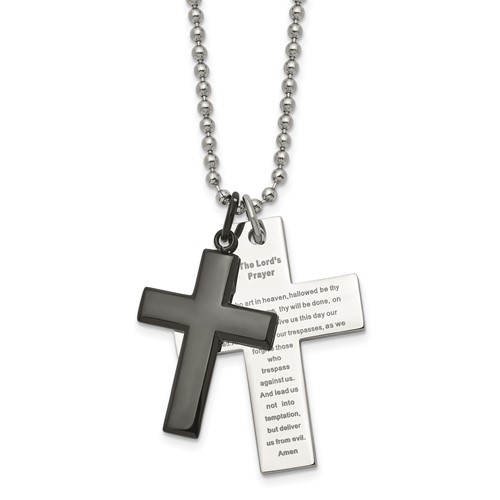 Chisel Stainless Steel Polished Black IP-plated 2 Piece Lord's Prayer Cross on a 24 Inch Necklace