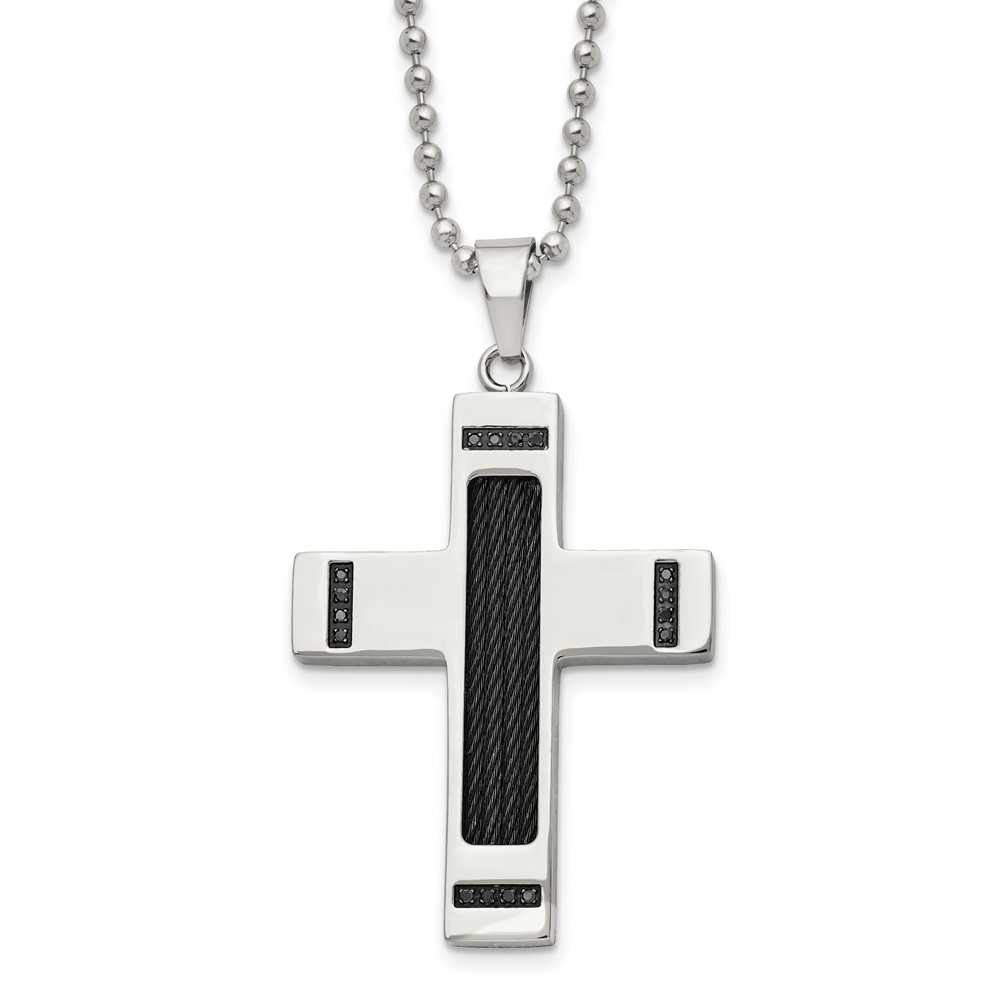 Stainless Steel Polished Black IP 1/10ct Black Diamond Cross Necklace