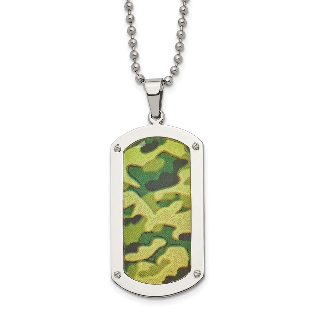 Stainless Steel Polished Camouflage Enameled Dog Tag 24in Necklace