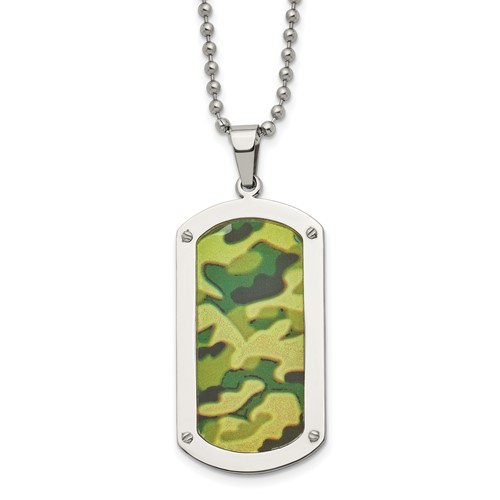 Chisel Stainless Steel Polished Camouflage Enameled Dog Tag on a Ball Chain Necklace, 24"