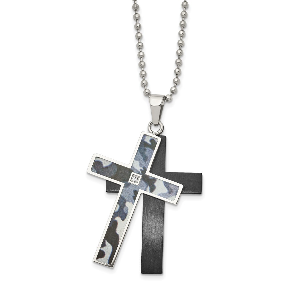 Stainless Steel Polished Black IP & Enamel .02ct. Dia Cross Necklace