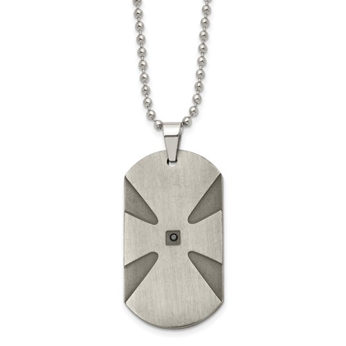 Stainless Steel Brushed.03ct Black Diamond Cross Dog Tag Necklace, 24"