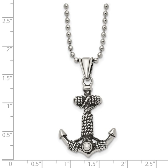 Chisel Stainless Steel Antiqued and Polished Anchor with Rope Pendant on a 24 inch Ball Chain Necklace