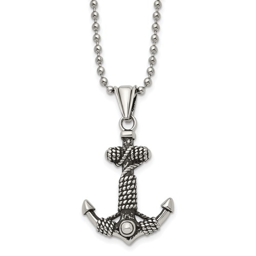 Chisel Stainless Steel Antiqued and Polished Anchor Necklace with Rope Pendant on a Ball Chain, 24"