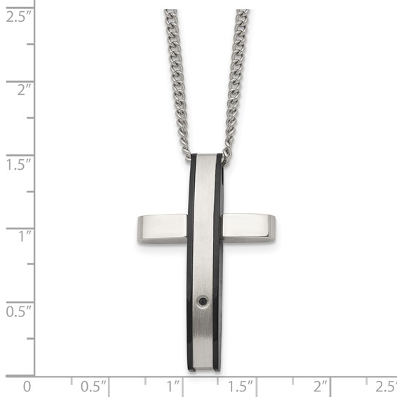 Chisel Stainless Steel Polished Black IP-plated .01 carat Diamond Cross Pendant on a 24 inch  Curb Chain Necklace
