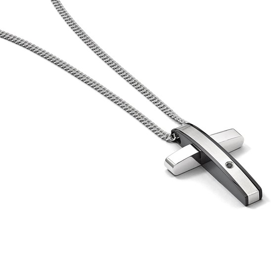 Chisel Stainless Steel Polished Black IP-plated .01 carat Diamond Cross Pendant on a 24 inch  Curb Chain Necklace