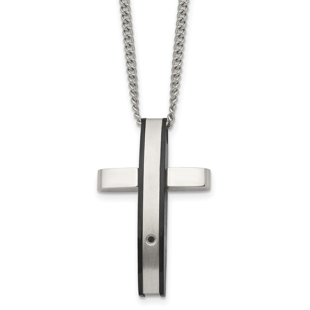 Stainless Steel Polished Black IP-plated .01ct Diamond Cross Necklace