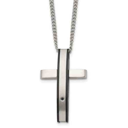Chisel Stainless Steel Polished Black IP-plated.01 Carat Diamond Cross Pendant on a Curb Chain Necklace, 24"