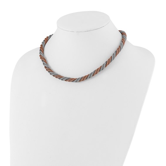 Stainless Steel Polished Rose IP-plated Twisted Mesh Necklace