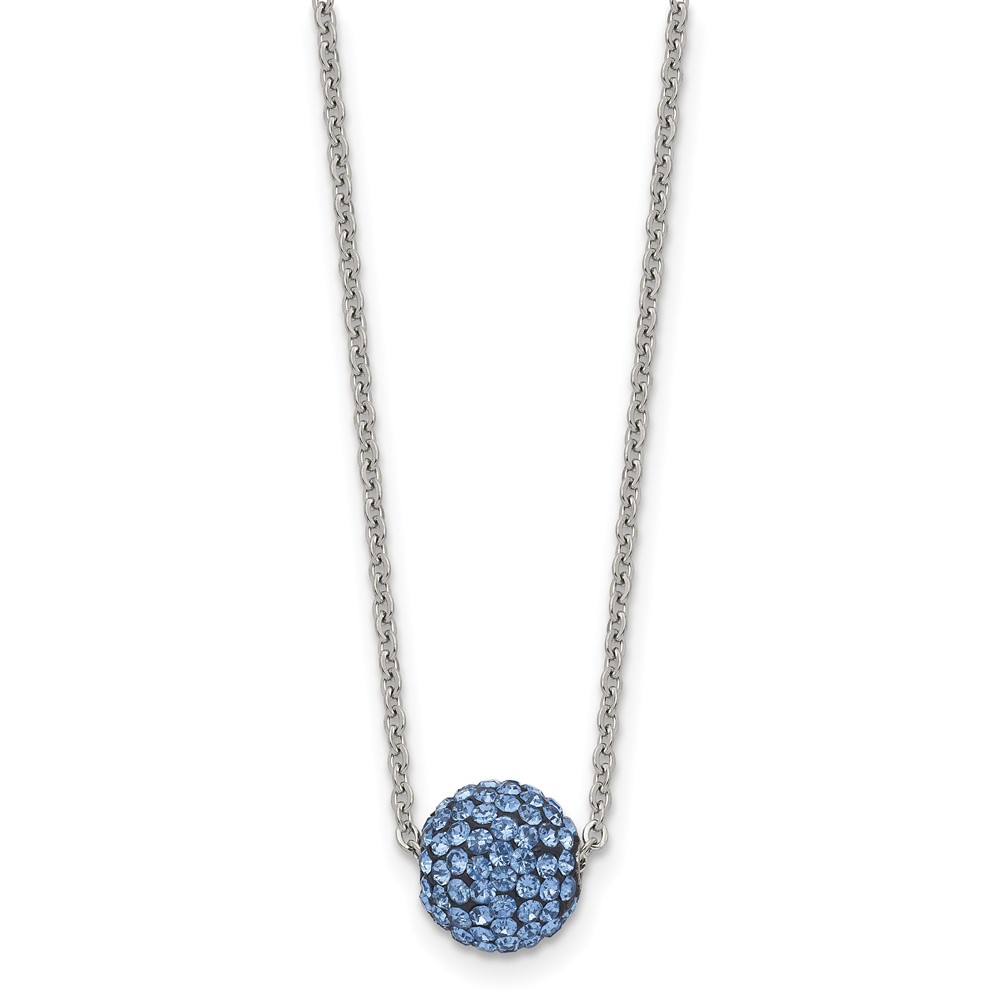 Stainless Steel Polished Blue Enamel w/Crystals 16in w/2in ext Necklace
