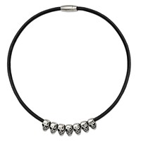 Stainless Steel Antiqued Polished Skulls Black Leather Cord Necklace, 18" view 3