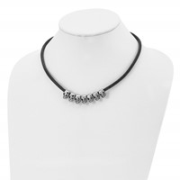 Stainless Steel Antiqued Polished Skulls Black Leather Cord Necklace, 18" view 4