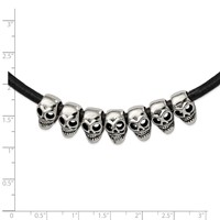 Stainless Steel Antiqued Polished Skulls Black Leather Cord Necklace, 18" view 5
