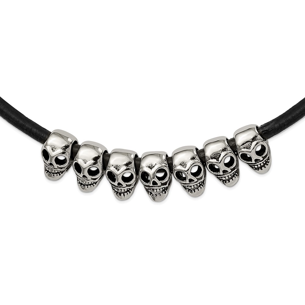 Stainless Steel Antiqued/Polished Skulls 18in Black Leather Cord Necklace