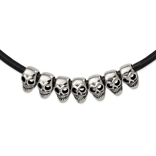 Stainless Steel Antiqued Polished Skulls Black Leather Cord Necklace, 18"
