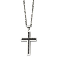 Chisel Stainless Steel Polished and Textured Black Leather Inlay Cross Pendant on a Rolo Chain Necklace, 20" view 3