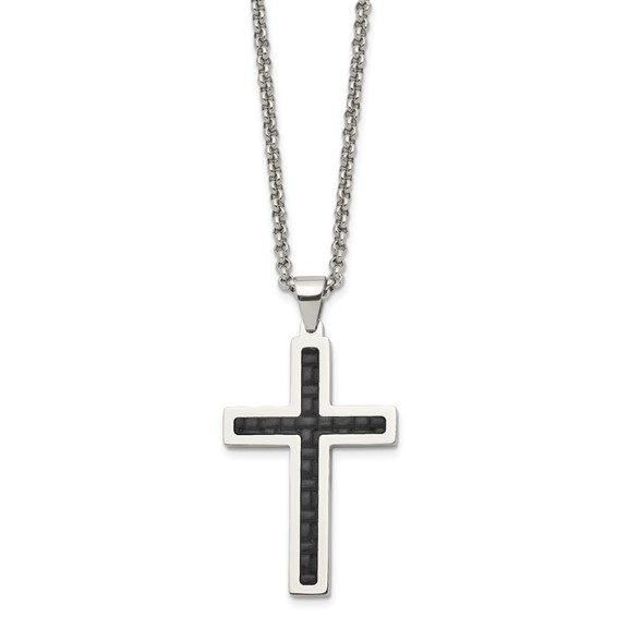 Chisel Stainless Steel Polished and Textured Black Leather Inlay Cross Pendant on a 20 inch Rolo Chain Necklace