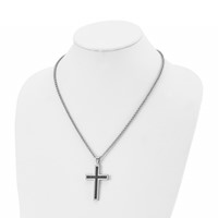 Chisel Stainless Steel Polished and Textured Black Leather Inlay Cross Pendant on a Rolo Chain Necklace, 20" view 4