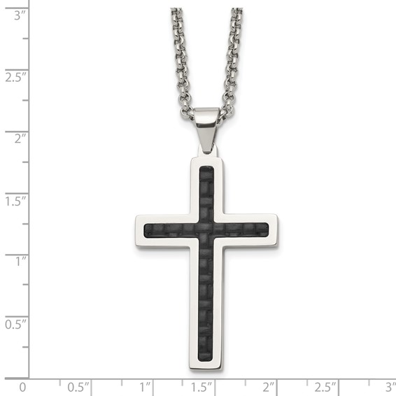 Chisel Stainless Steel Polished and Textured Black Leather Inlay Cross Pendant on a 20 inch Rolo Chain Necklace