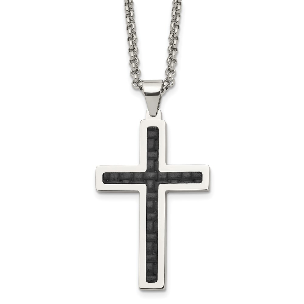 Stainless Steel Polished Black Genuine Leather Inlay Cross 20in Necklace