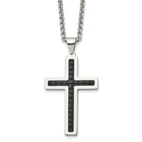 Chisel Stainless Steel Polished and Textured Black Leather Inlay Cross Pendant on a Rolo Chain Necklace, 20" view 1