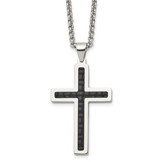 Chisel Stainless Steel Polished and Textured Black Leather Inlay Cross Pendant on a 20 inch Rolo Chain Necklace