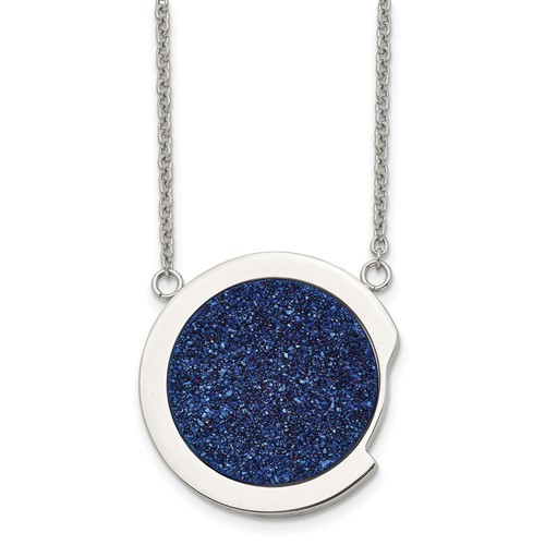 Stainless Steel Polished Necklace with Blue Druzy Stone, 17.75"