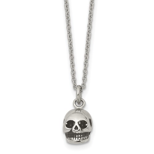 Stainless Steel Polished and Antiqued Skull Necklace, 19"