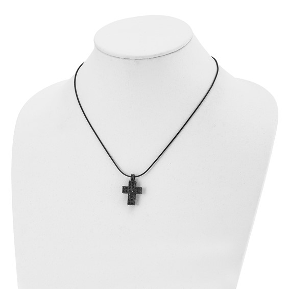 Stainless Steel Polished Black IP Black Crystal Cross w/2in ext Necklace