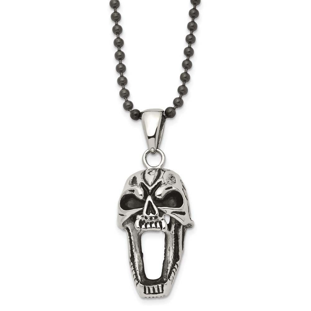Stainless Steel Antiqued and Polished Skull 22in Necklace