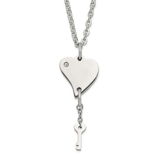 Stainless Steel Polished Heart with CZ and Key Dangle Necklace