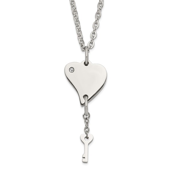 Stainless Steel Polished Heart with CZ and Key Dangle Necklace