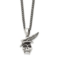 Chisel Stainless Steel Antiqued and Polished Skull Necklace with Feather Hat Pendant on a Curb Chain, 22" view 3